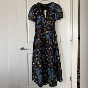 NWT Anthropologie Katerina midi dress with Black and Blue Floral Pattern